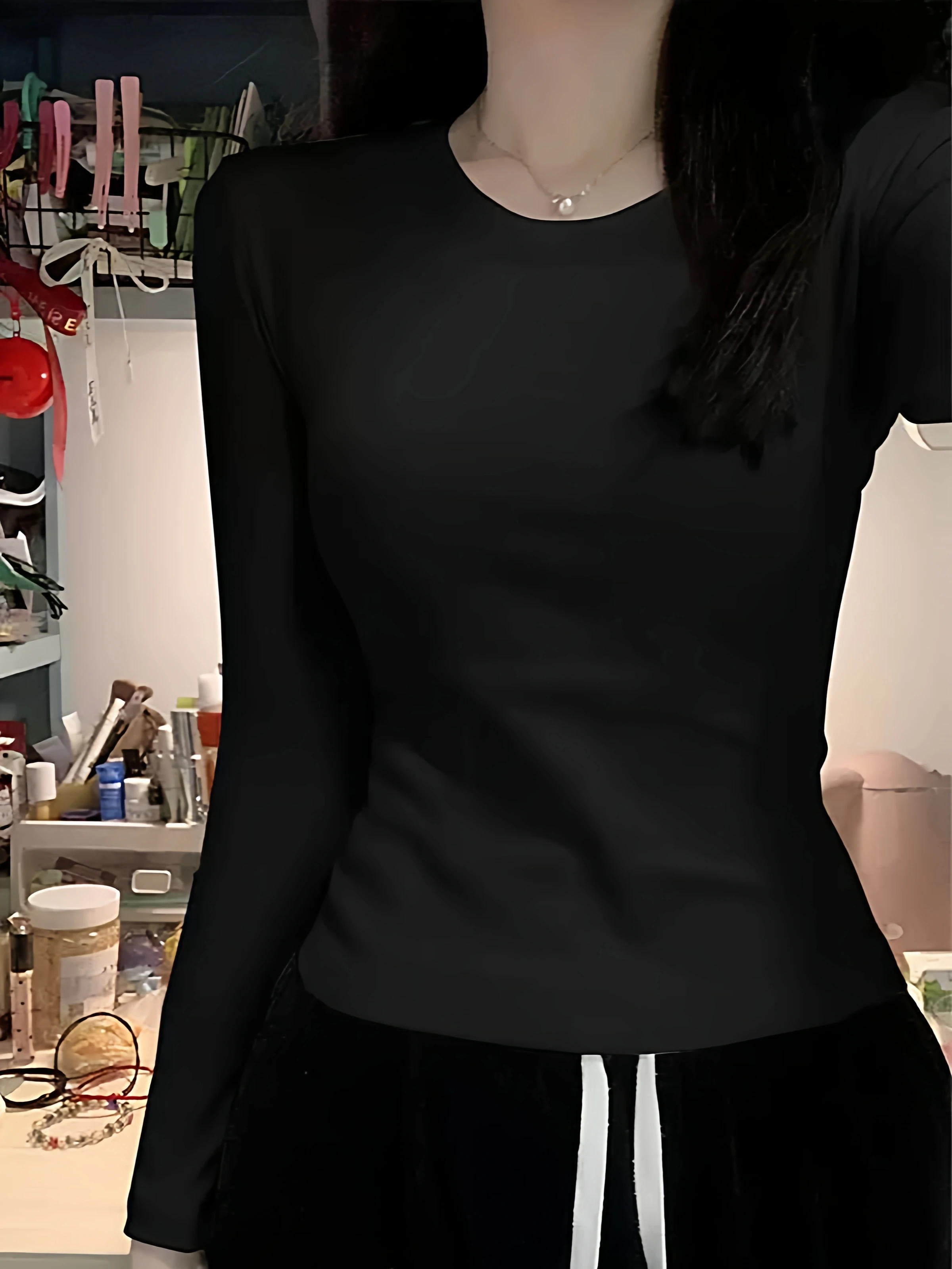 Women's Long Sleeve round Neck T-Shirt 95 Cotton Base Shirt plus Size Slim Fit  Color Shoulder Appropriate Inner Wear