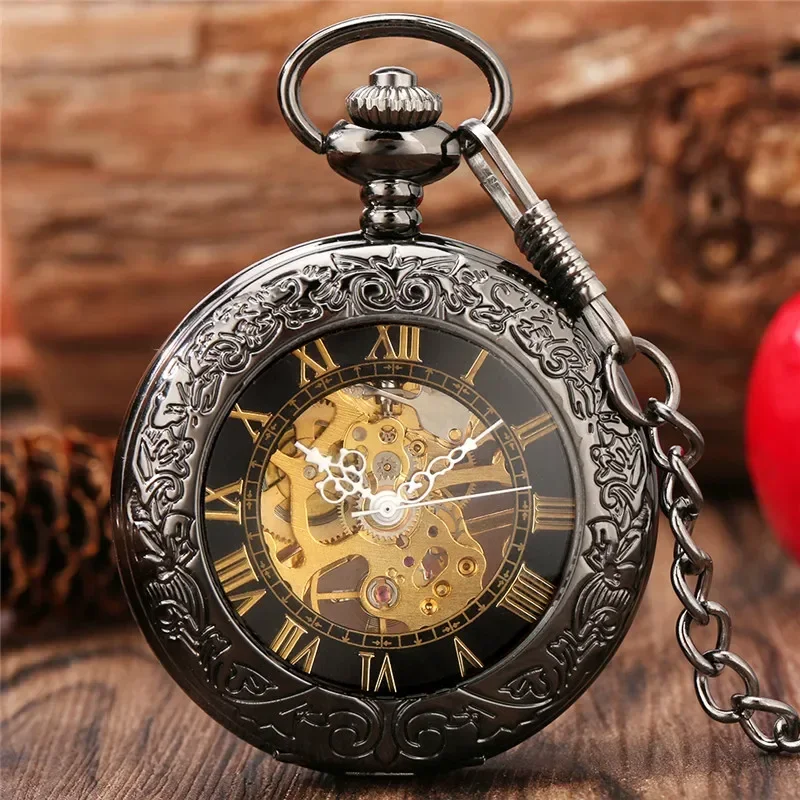 

Vintage Roman Numerals Transparent Glass Cover Men's Handwinding Mechanical Pocket Watch Pendant Clock with Black Fob Chain Gift