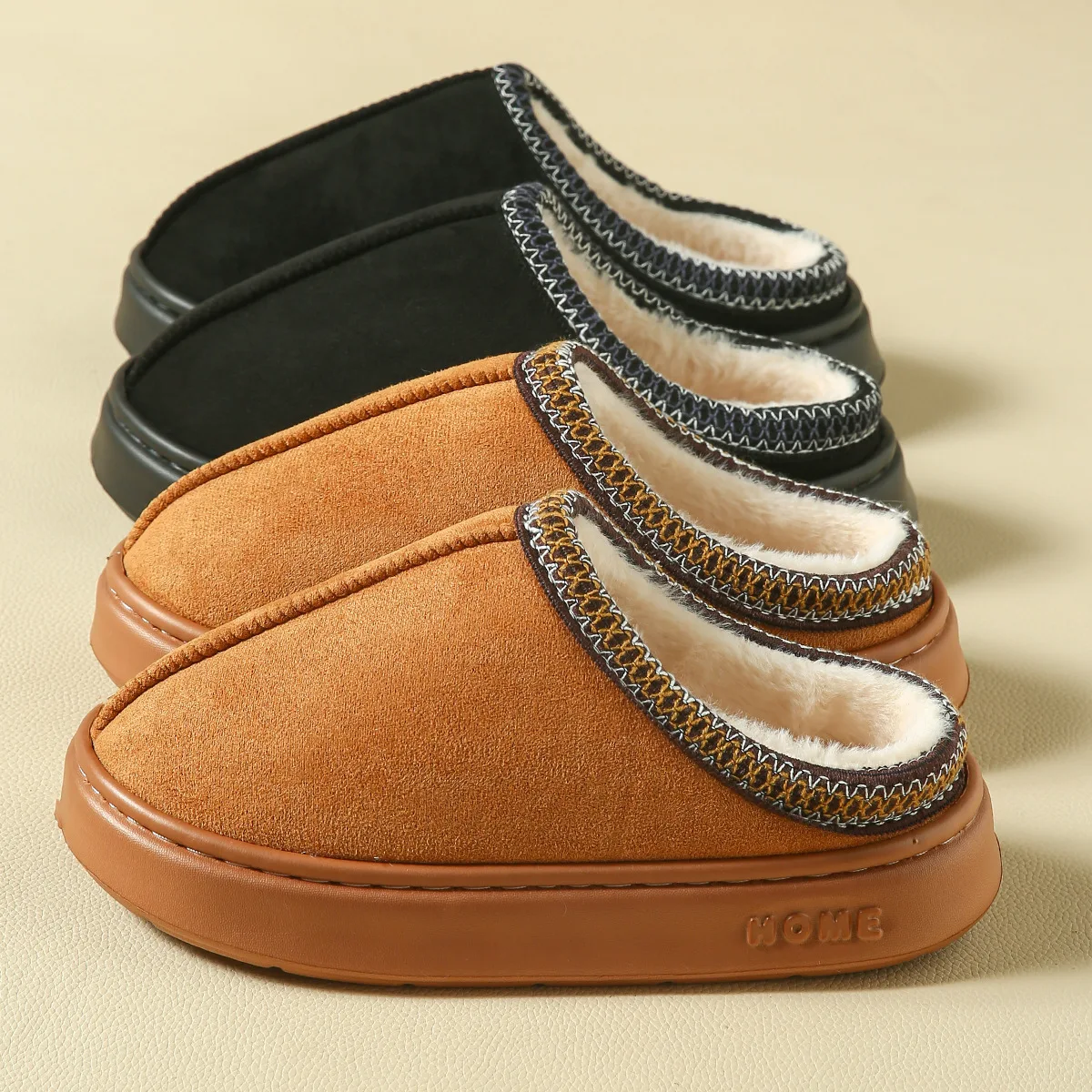 

Women's High-End New Solid Color Faux Suede Patchwork Couple's Home Slippers, Thick-Soled, Non-Slip, Lightweight, Warm Cotton Slippers for Women