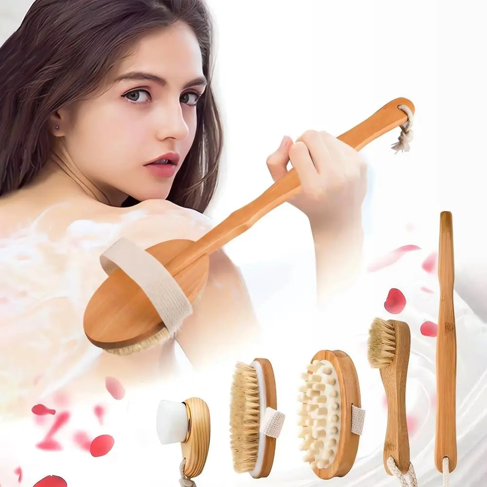 

Premium Dry Brushing Body Brush Set or Lymphatic Drainage and Cellulite Treaent, Boar Bristle Long Handle ace Cleansing Brush or