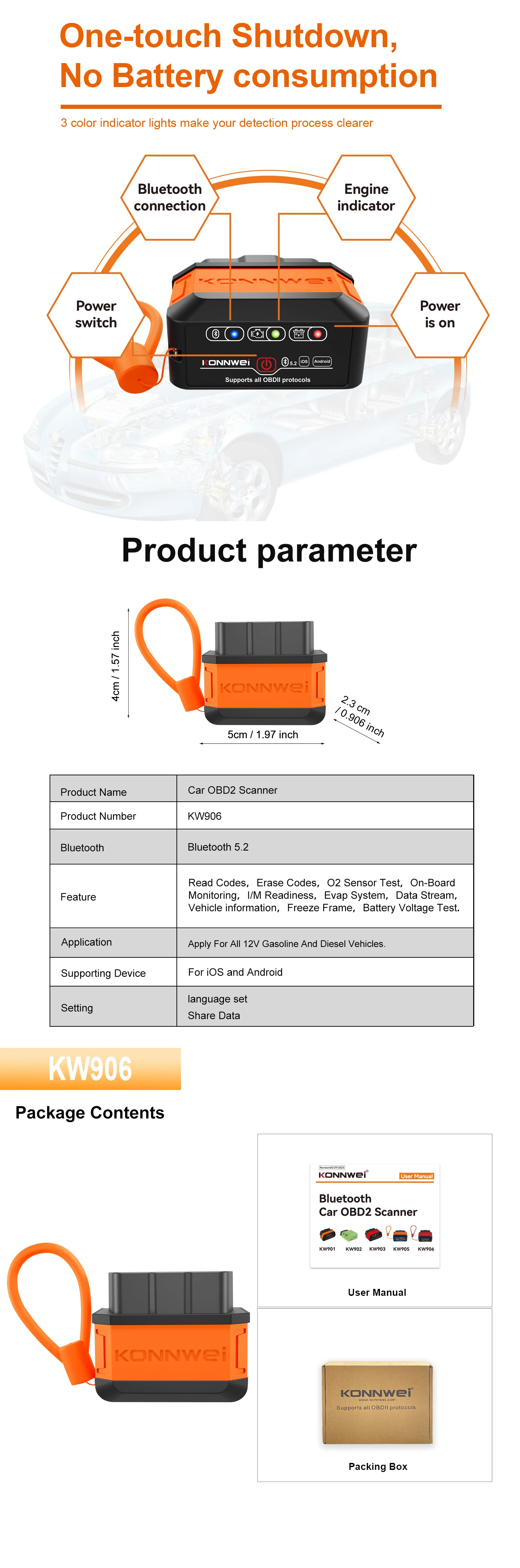 2026 KONNWEI KW906 ELM 327 Bluetooth 5.0 OBD2 Auto-Motorsystem-Diagnosegerät Scanner für Android/iOS Codeleser Pic18F25K80 – Detail 4