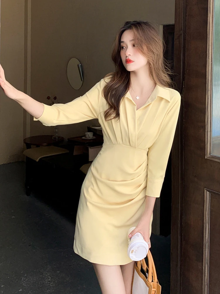 

Elegant Yellow Black Mini Dress Women Casual Solid 3/4 Sleeve Folds Slim Fit Short Gown Femme Streetwear Clothes Mujer Vestidos