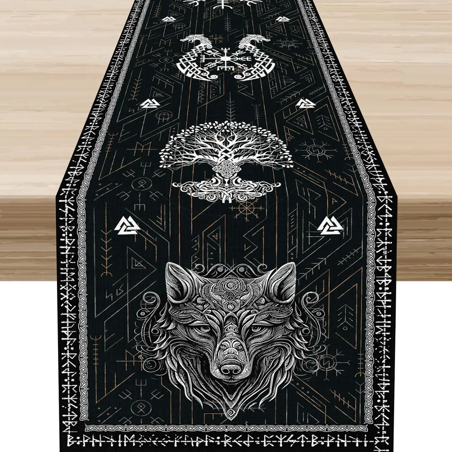 Norse Viking Raven Print Linen Table Runner Holiday Party Decor Mythology Tree of Life Animal Table Runners Kitchen Table Decor