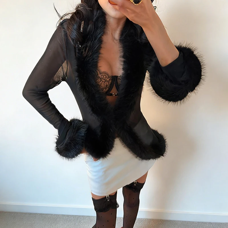 

Сексуальная сетчатая футболка Tornova Furry Splice для женщин, прозрачный топ с длинным рукавом и глубоким вырезом, однотонный кардиган для клубных вечеринок и ночных мероприятий.