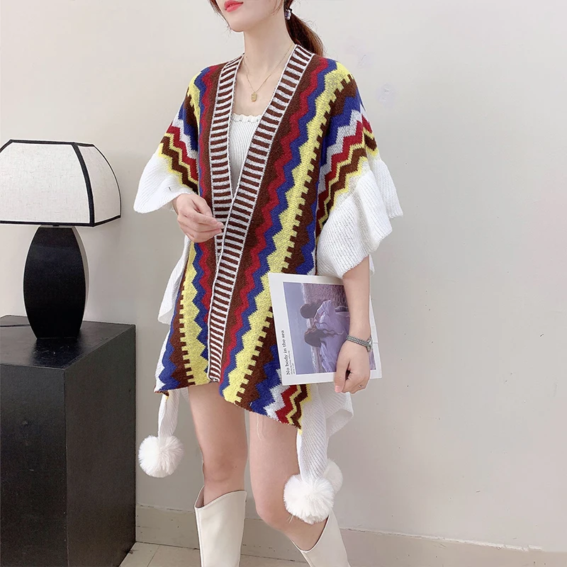 Ethnic Style Lady Fashion Colorful Stripe Knitted Cardigan Coat Autumn Lady Elegant Ruffle Shawl Scarf Tassel Capes Poncho