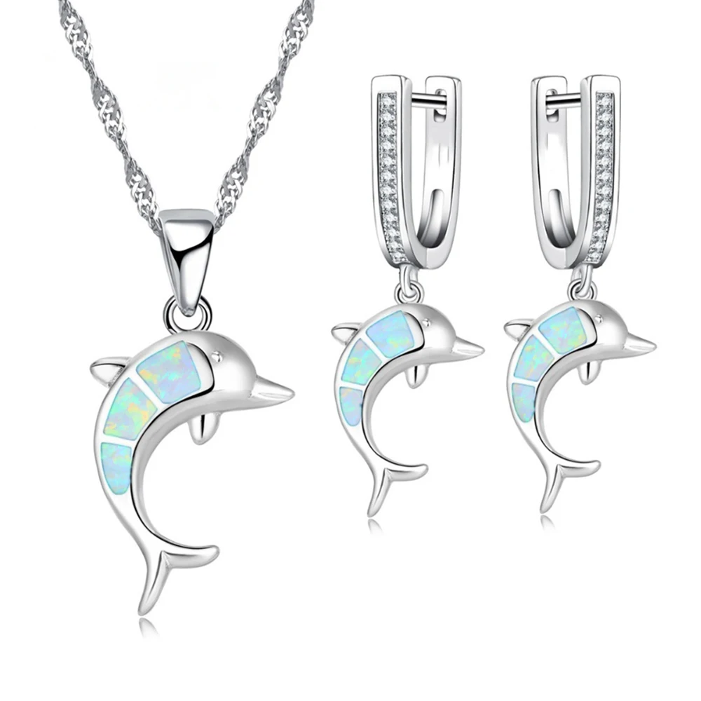 Cute Sea Animal Dolphin With Imitation Blue Fire Opal Pendant Necklace Earrings For Women Wedding Party Jewelry Accessories Set