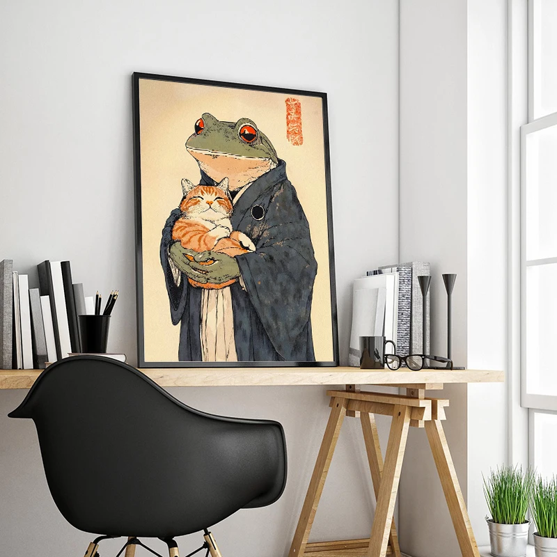 Japanese Tattoo Cat Frog Yin Yang Cats Zen Meditation Ramen Bowl Illustration Poster Canvas Painting Print Wall Room Home Decor