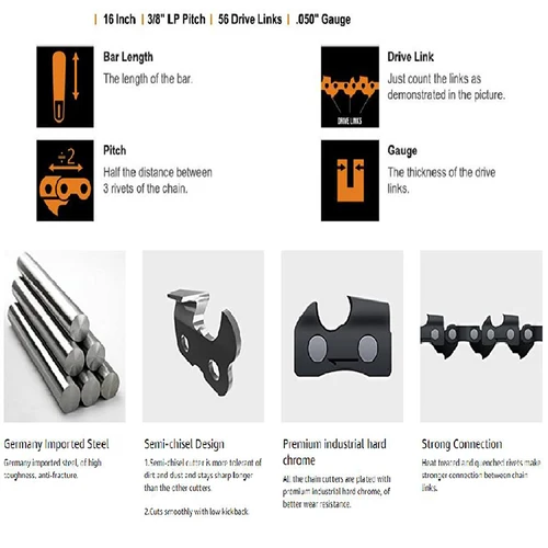 Imagen 2 del producto Motosierra de 16 pulgadas y 56 eslabones motrices, hoja de cadena, piezas de corte de madera, 3/8 ""LP, calibre 0,050"", 28 cortadores para cortar números