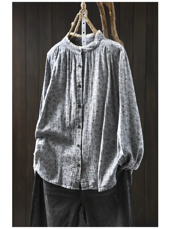 

Comfortable Double Layer Cotton irt Women's Long Sve Floral Lace Collar Print Casual Loose Fit Spring 2025 New Sle