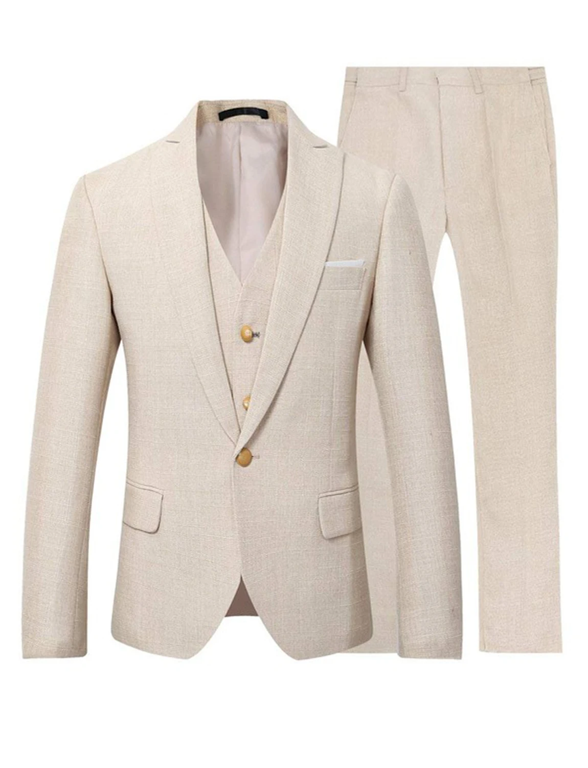 New Design Beige Linen Suit for Men 3 Pieces Formal Wedding Prom Set Slim Fit Jacket Best Man Groom Tuxedos Costume Homme