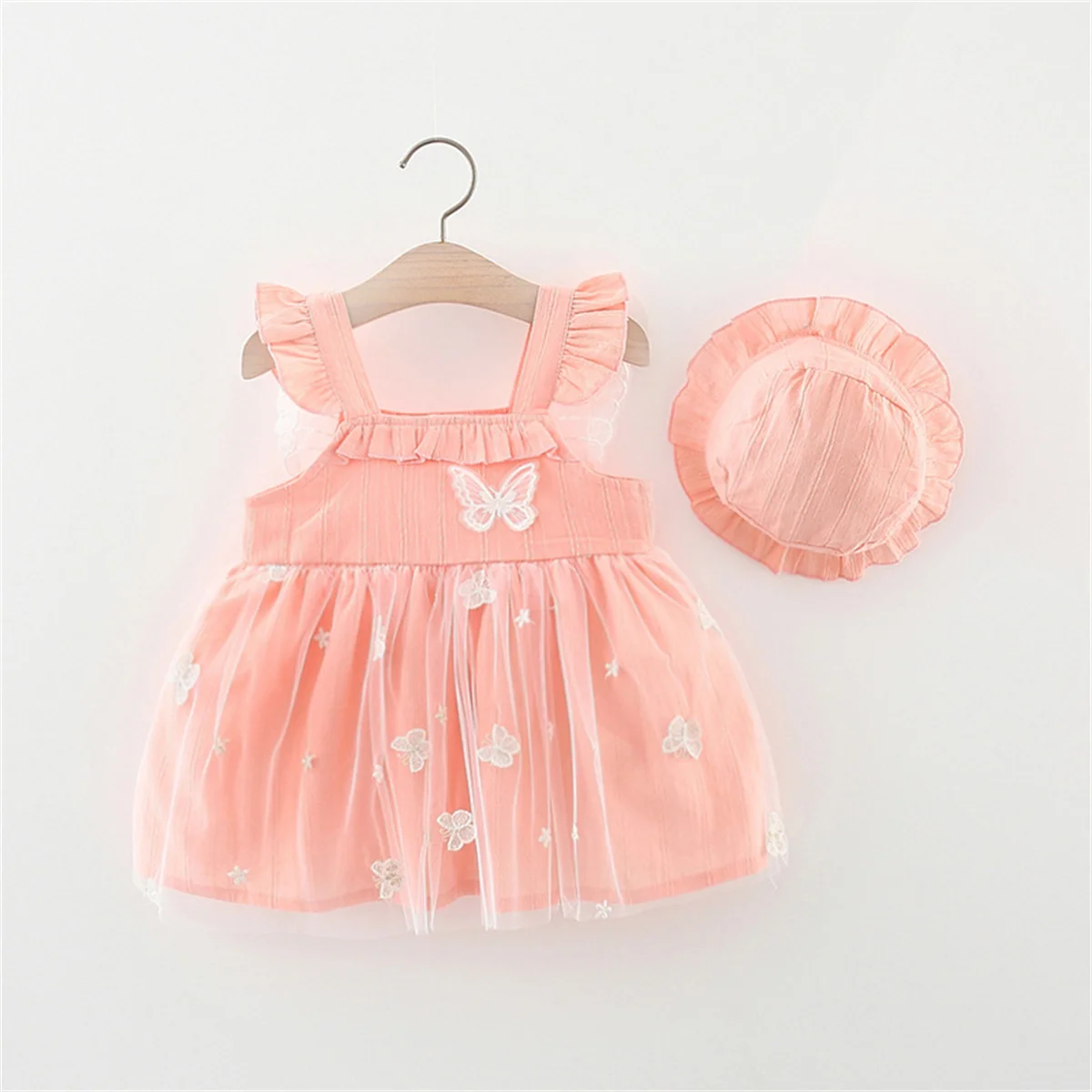 Summer 2/piece set baby girl dress hat girl patchwork mesh butterfly wings small flying sleeves princess dress