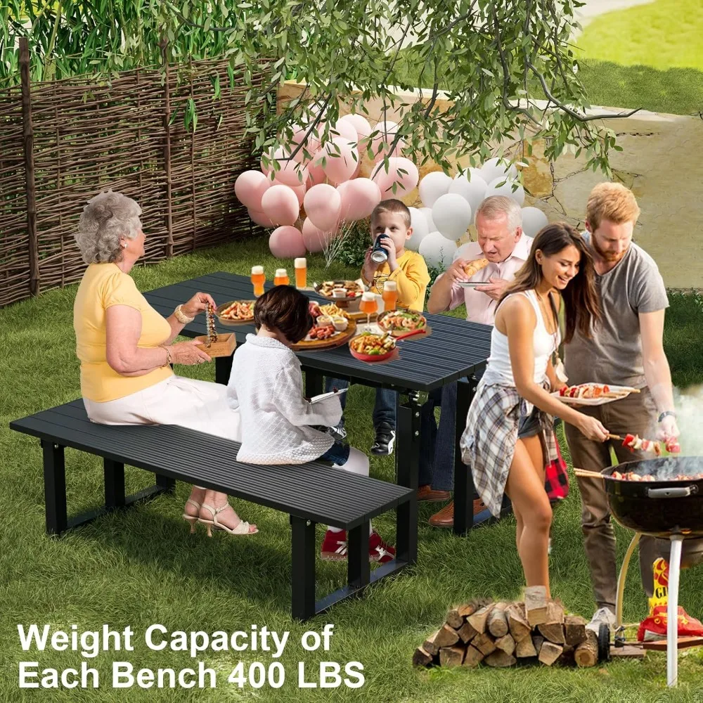 Banco de mesa de picnic de aluminio de 47 pulgadas, banco negro para exteriores cubierto con capacidad de peso de 400 libras para parque, jardín y