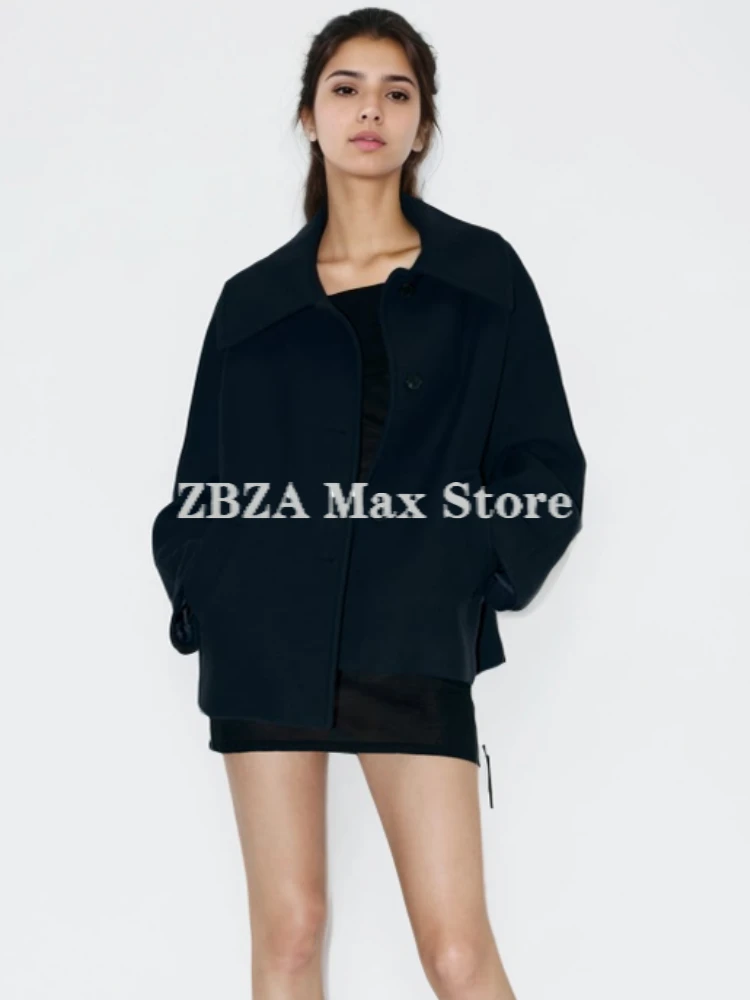 

ZBZA Women Faux Wool Cropped Jacket Lapel Long Sleeve Single Breasted Double Pocket Solid Outerwear Fall Winter Female Chic Coat