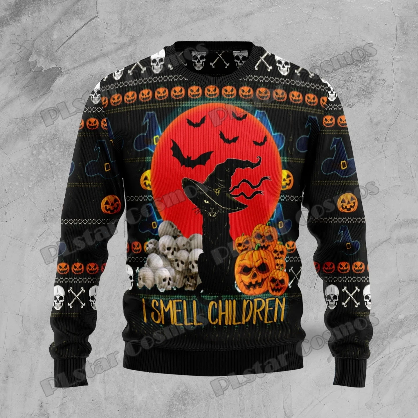 Black Cat Smells Children Halloween 3D Printed Men's Ugly Christmas Sweater Winter Unisex Casual Knit Pullover Sweater ZZM23