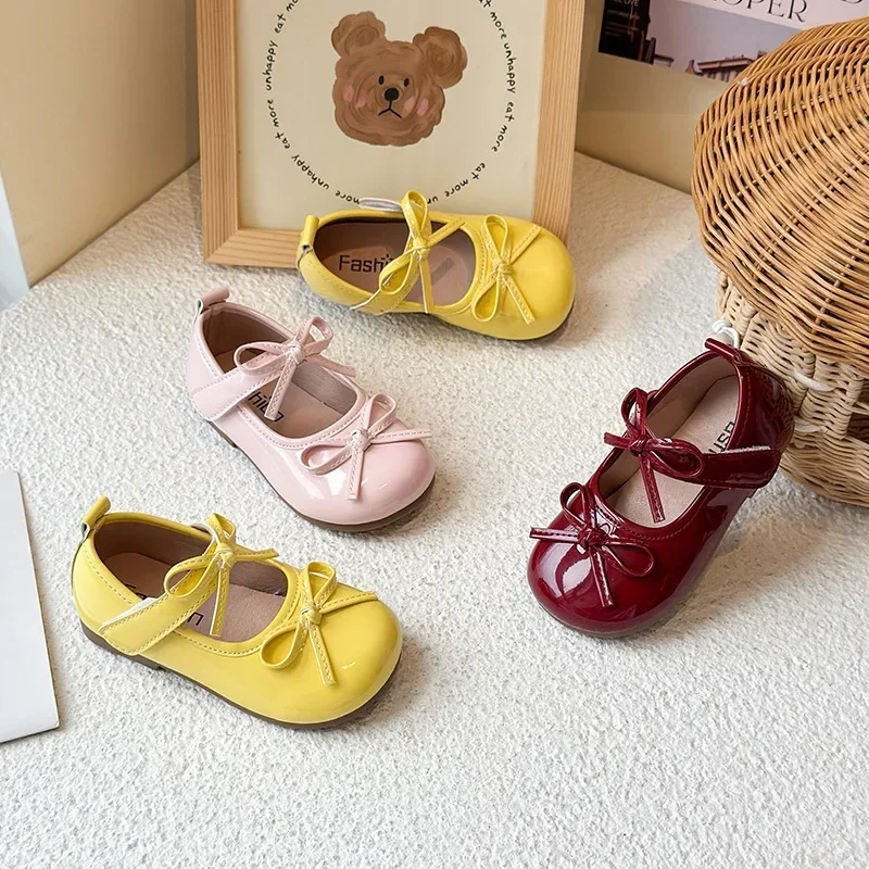 

Kids Flats Dance Shoes Korean Style Girls MaryJanes Leather Shoes Simple Bows Round Toes 2025 Brand New Princess Shoes Soft Sole