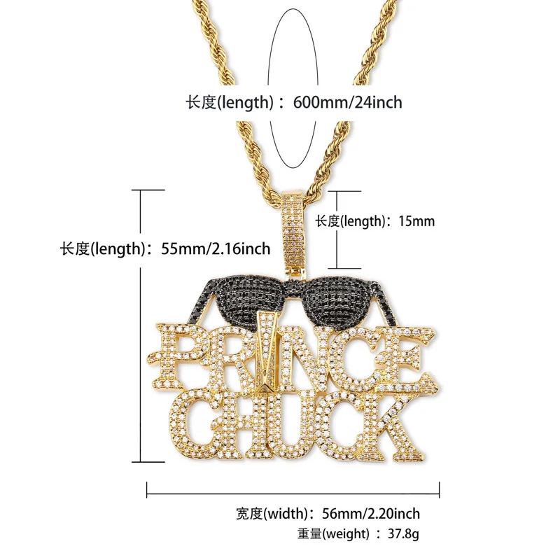 Hip Hop AAA Cubic Zirconia Bling Iced Out Cool PRINCE CHUCK Sunglasses Pendant Necklace for Men Rapper Jewelry Gold Silver Color