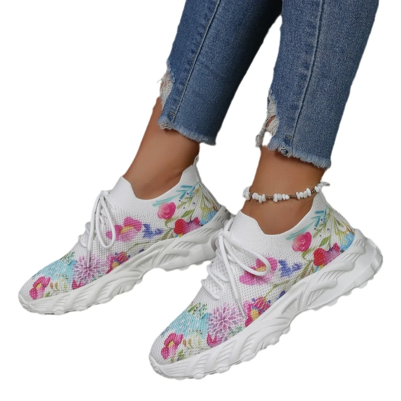 2024 Women\'s Casual Shoes Breathable Mesh Floral Pattern Platform Sneakers Casual Lace Up Outdoor Walking Vulcanized Shoe 35-42