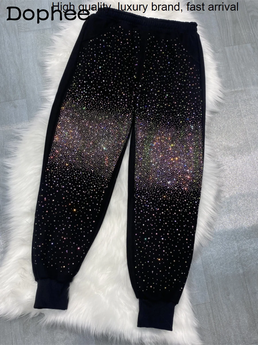 

Fleece Thick Winter Sweatpants Women Heavy Embroidery Diamond Bling Casual Elastic High Waist Loose Sports Jogger Pants