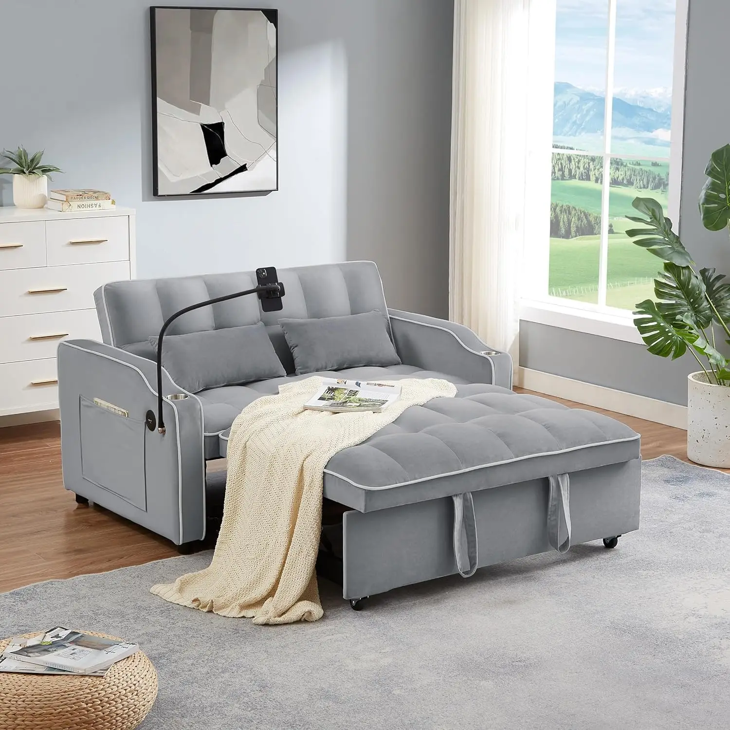 

3 in 1 Sleeper Sofa Couch Bed, Velvet Convertible Loveseat Sleeper Sofa with USB Port and Ashtray and Swivel Phone Stand