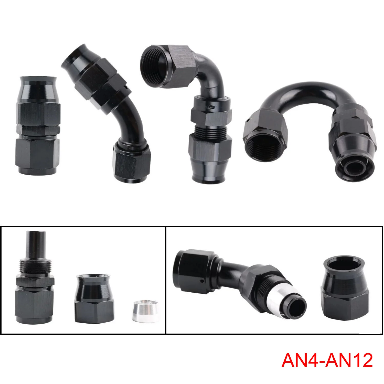 Black AN4/AN6/AN8/AN10/AN12 Straight 45 90 180 Degree PTFE Hose End Fitting Adapter for Oil Fuel Gas Hose Line