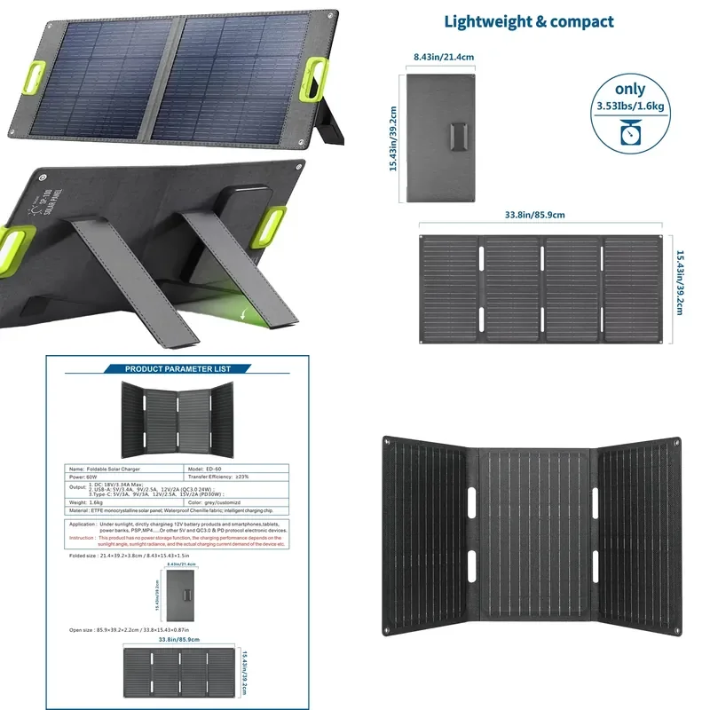 60W Black Camping Solar Panel with Adapter Cables Mount Fittings Plug Play Portable Power for Self Driving Tour Outdoor Life