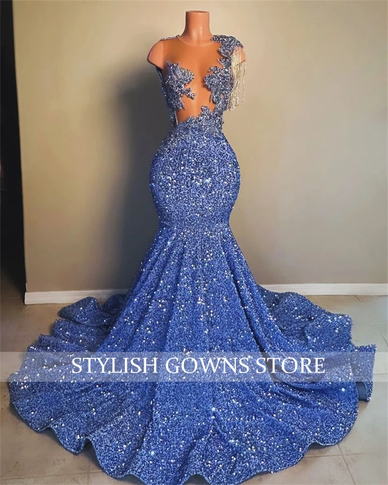 Sky Blue Long Prom Dress For Black Girls Beaded Appliques 2024 Birthday Party Gowns Sequined Evening Dresses Customized