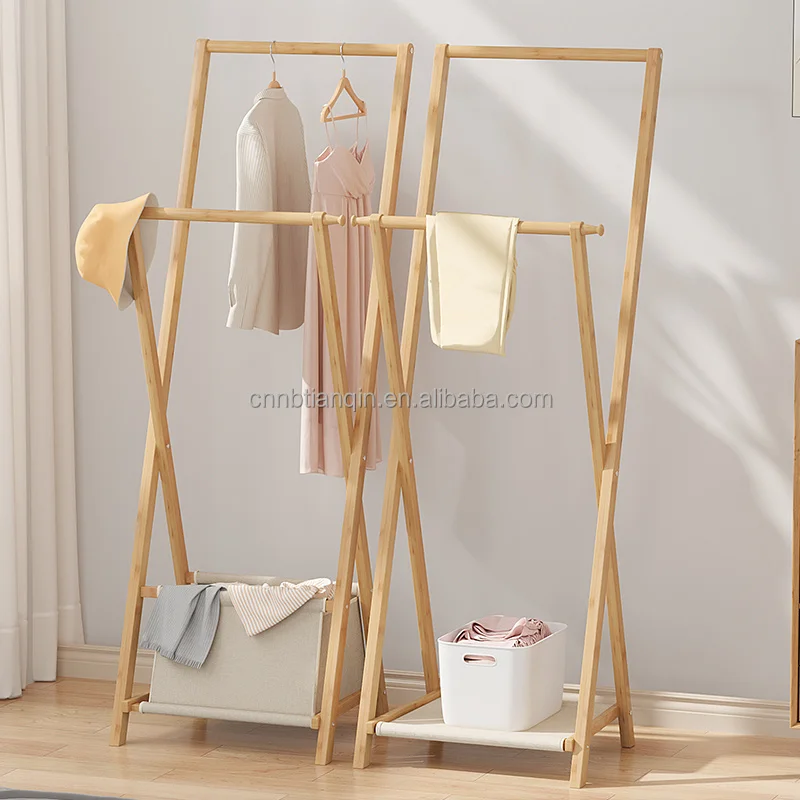Foldable Bamboo Clothes and Bag Rack 50/70/100cm Length with 2 Side Hooks and Shoe Display for Wardrobe Usepromote sales