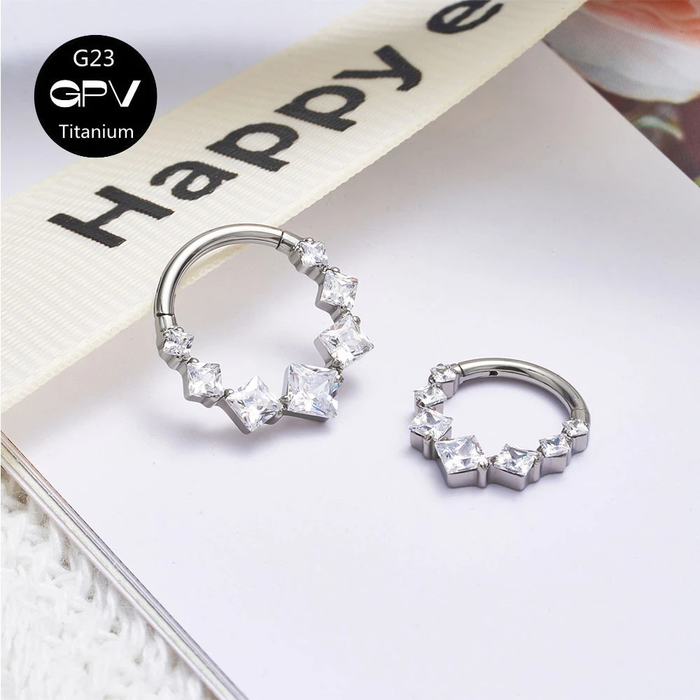 G23 F136 Titanium Nasal Diaphragm Ring Square Luxury Zircon Punk Men\'s and Women\'s Perforated Jewelry Nose Ring Earrings