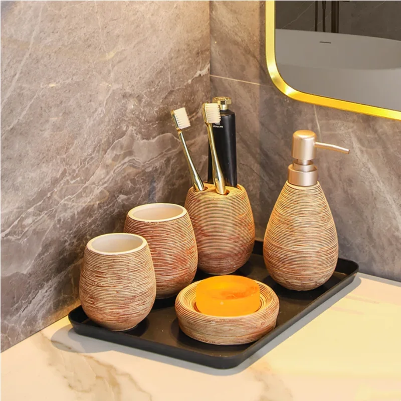 Ceramic Bathroom Supplies, Lotion Bottle, Toothbrush Holder, Soap Dish, Melamine Tray, Mouthwash Cup/bathroom Accessories Set