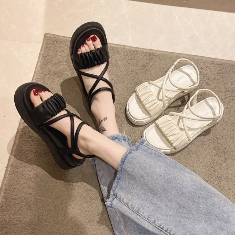 2024 Solid Color Versatile Women's Sandals Open Toe Summer Thick Sole Thin Strap Combination Medium Heel Versatile Women's Shoes