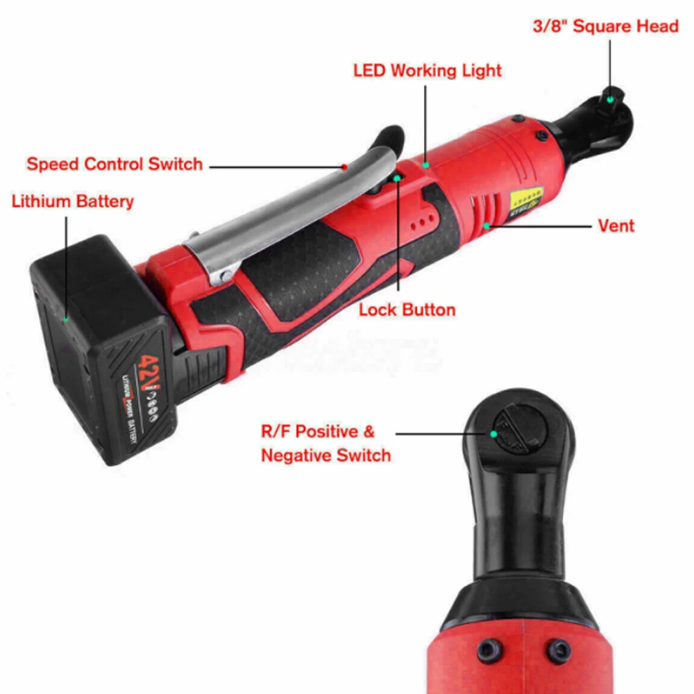 WENXING Electric Wrench 3/8'' 12V 90° 45/60Nm Right Ratchet Angle Wrench Power Tool  with 1BatterIies Charger UK/US/EU plug