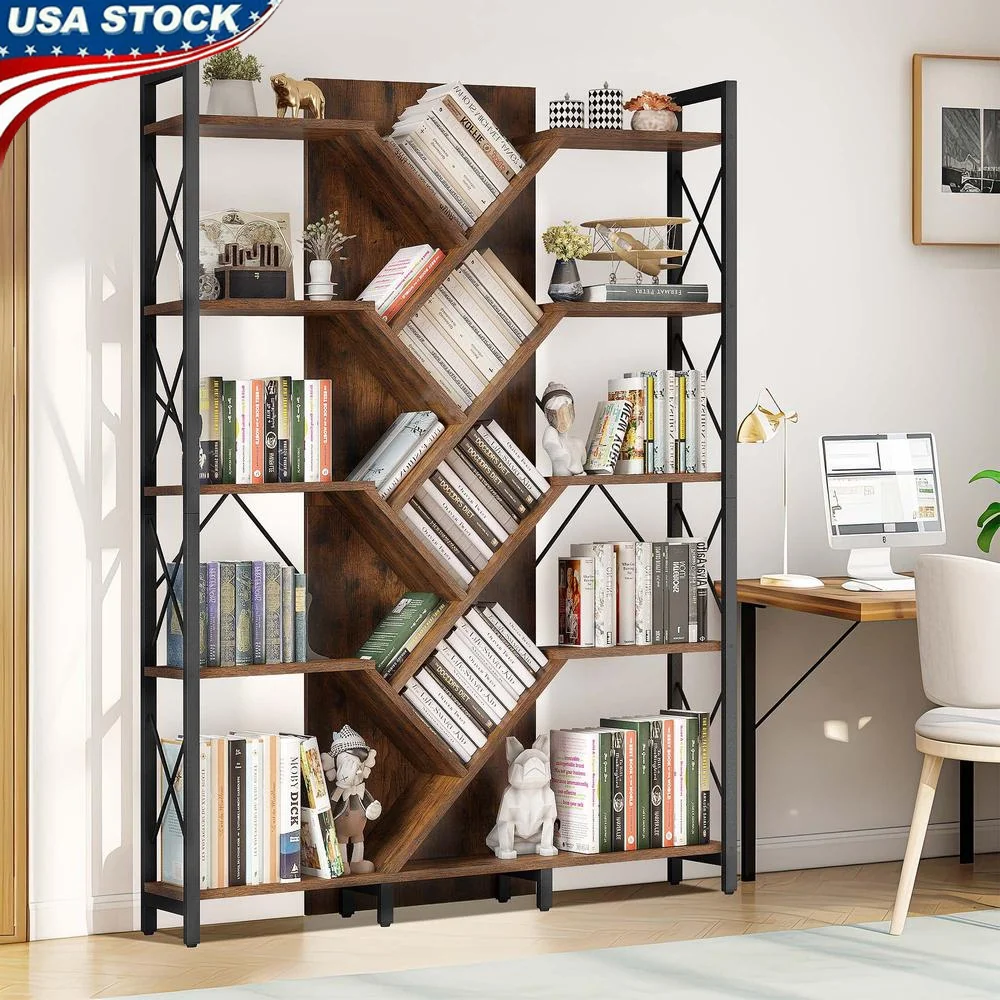 Industrial 5 Tier Tall Bookshelf Tree Shaped Bookcase Wide Display Organizer Home Office Living Room Book Storage Unit