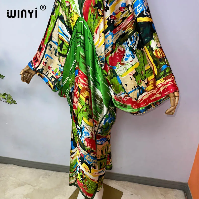 2023 WINYI Sexy Beach High-Quality Silk Feel Fashion Print Maxi Women's Robes Long V-Neck Bohemian Dress Party Evening Dress