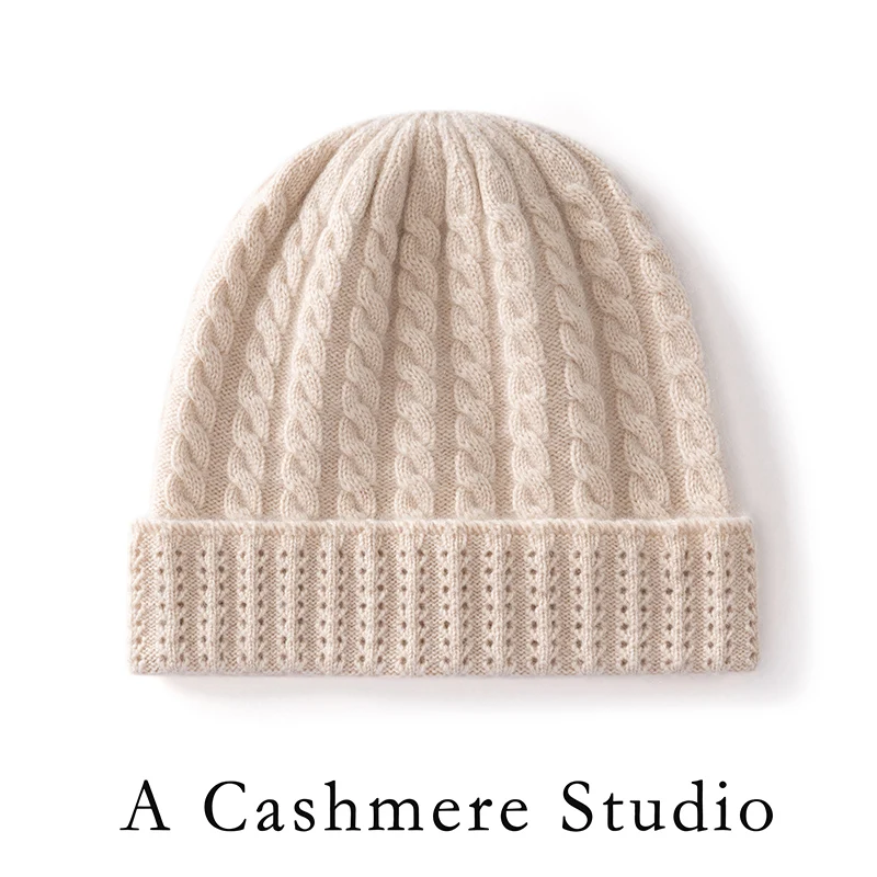 quality 100% cashmere hat men's and women's autumn winter knitting Fried Dough Twists flanging hat casual versatile warm ear cap
