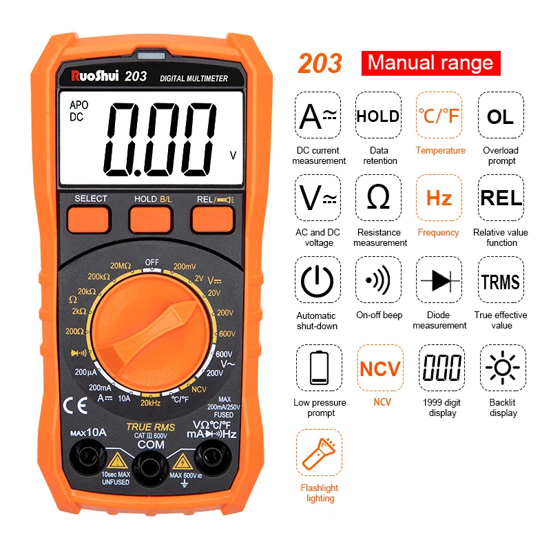 RuoShui 203 Digital Multimeter Manual DMM Tester With NCV LIVE Function Frequency meter Temperature tester True RMS meter