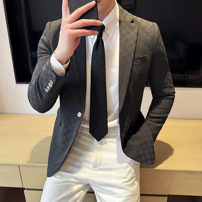 Blazers à carreaux à simple boutonnage pour hommes, veste trempée d\'affaires décontractée, mode mince, banquet social, robe de marié de mariage,
