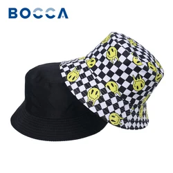 Bocca Smile Face Bucket Hat Plaid Panama Fisherman Hats Women Men Yellow Face Cartoon Bob Cap Hip Hop Foldable Sun Outdoor Caps
