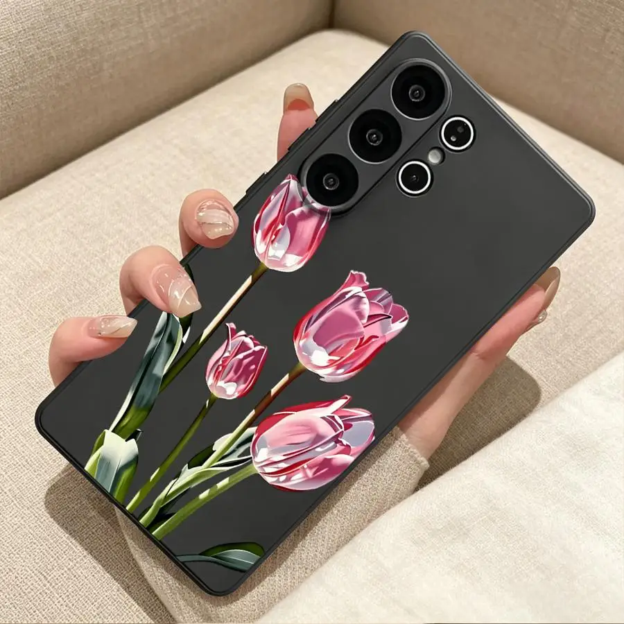Case for Samsung Galaxy S26 Ultra S10 S9 S24 S21 FE S23 S25+ S26+ S20 S24+ S25 Plus Note 20 8 9 10 Phone Cover Pink Tulip Print