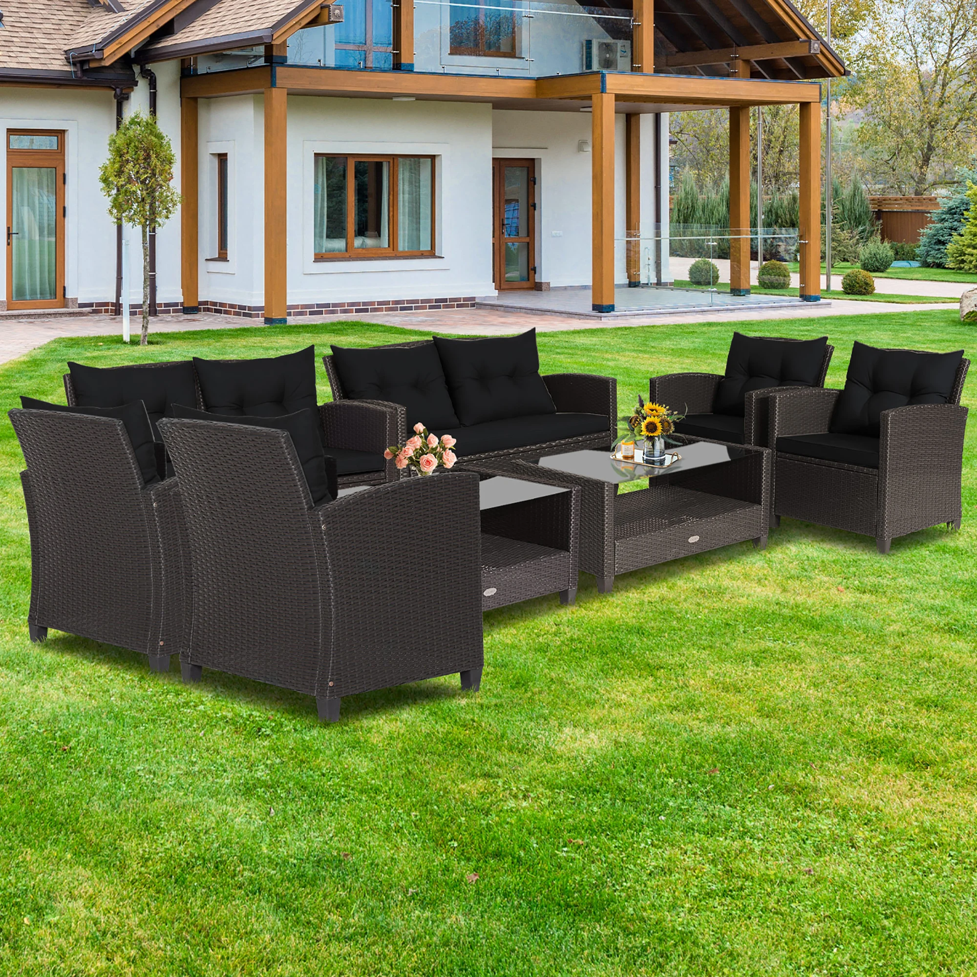 

8 PCS Patio Rattan Furniture Set Glass Table Shelf Sofa Cushion Black