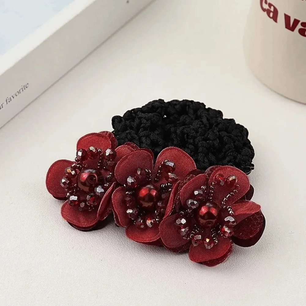Cloth Hair Bun Net Korean Style Pearl Flower Decor Office Hair Flower Elastic Hair Net Spring Clamp Spring Hair Clip Daily