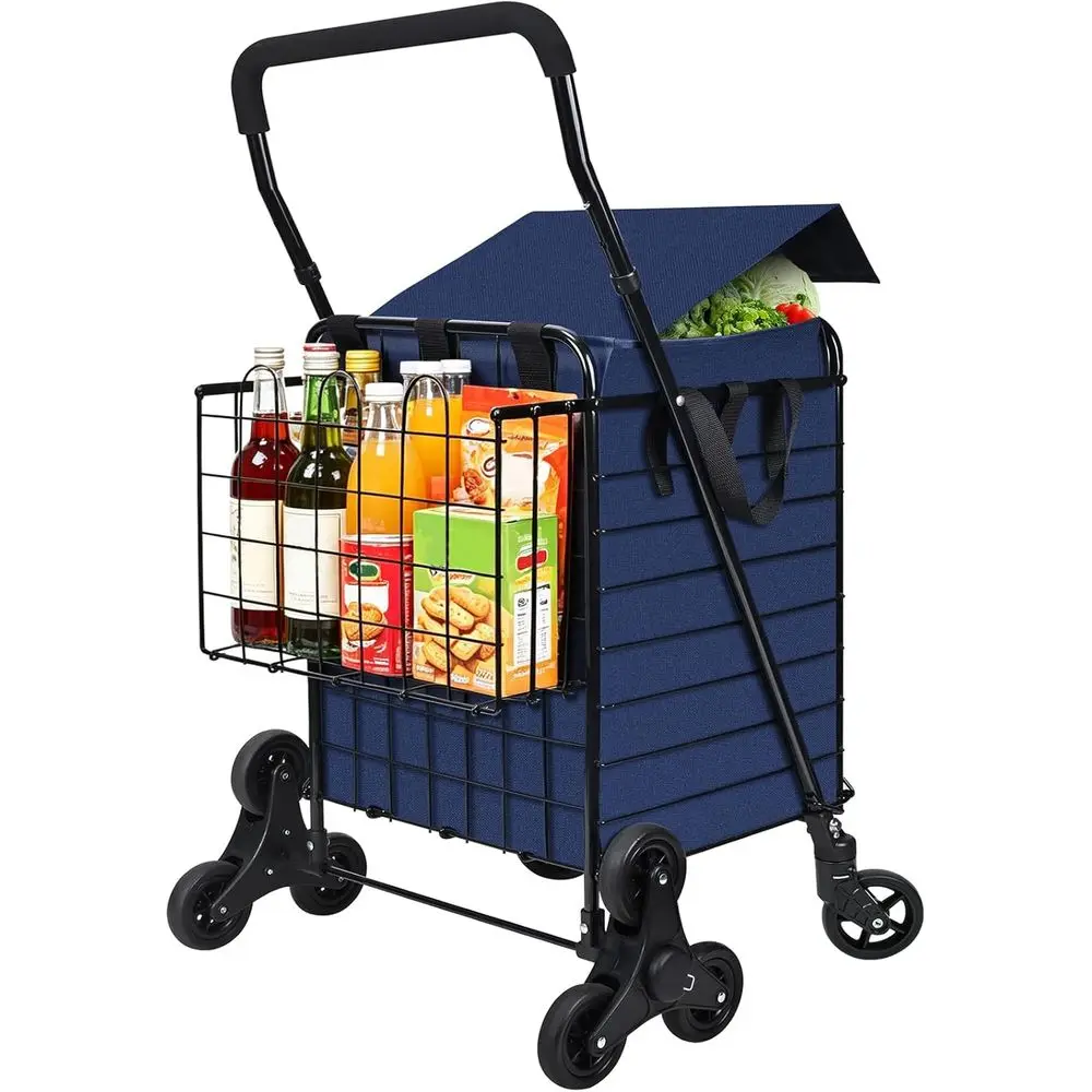 

Collapsible Utility Cart with Waterproof Liner, Tri-Wheels, and Extended Handle for Grocery, Laundry, and Travel (Blue)