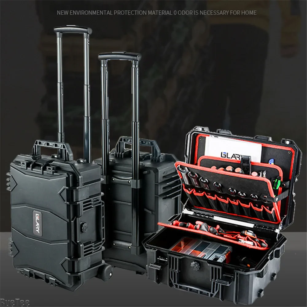 Large Drawbar Tool Box with Wheels Storage Plate Waterproof Case Safety Box Tool Chest Garage Storage for Electrician