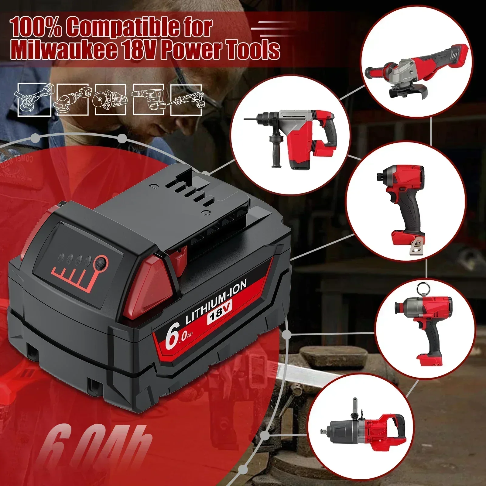 18V สําหรับ Milwaukee M18 แบตเตอรี่ M18B6 XC 6.0Ah Li-Ion 48-11-1860 48-11-1852 48-11-1850 48-11-1840 เครื่องมือไฟฟ้าไร้สาย 18V Charger