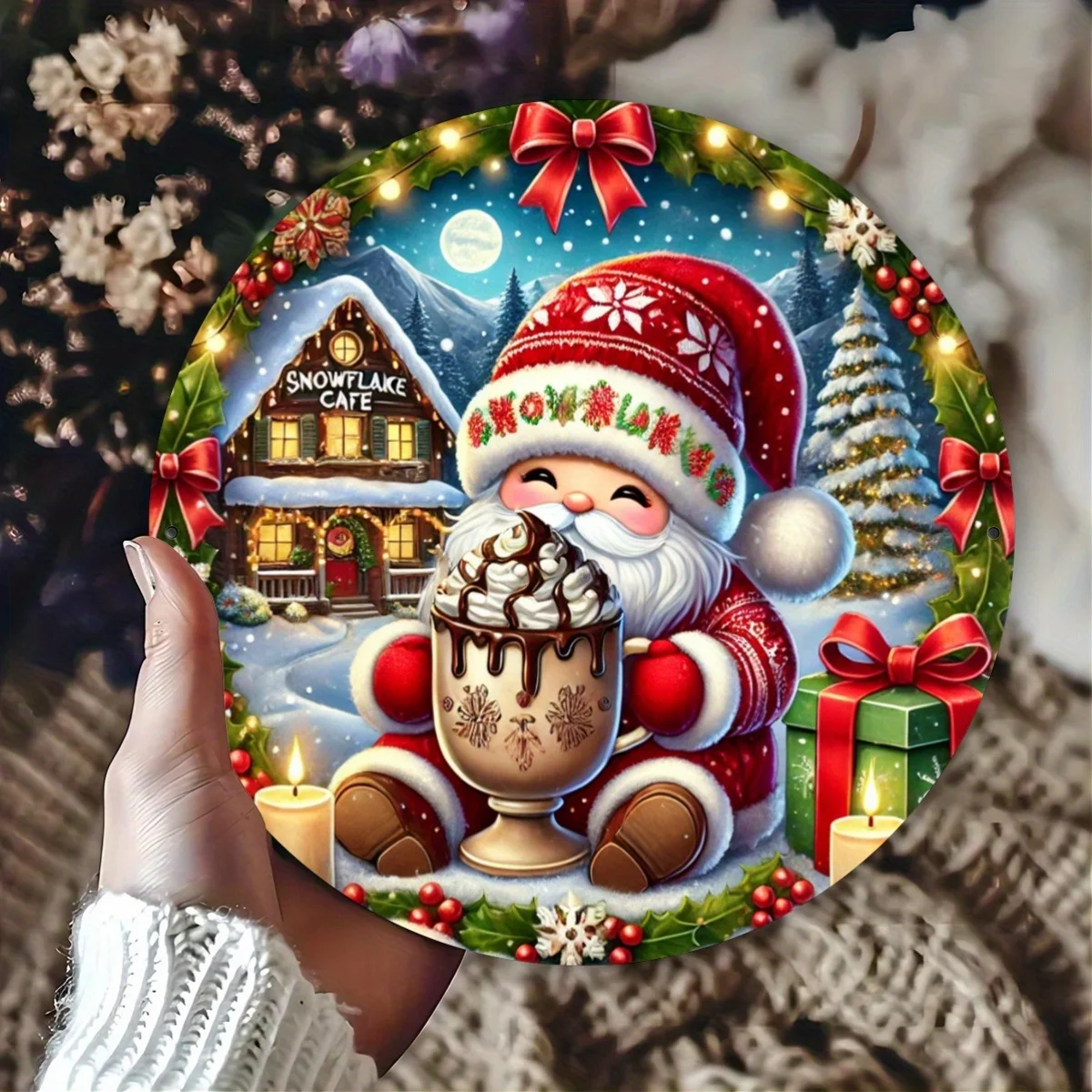 1 Stück rundes 2D-gedrucktes Aluminiumschild, Weihnachtszwerg-Design, ideal für Tür, Wand, Zuhause, Zimmer, Bauernhaus, Straße, Geschäft