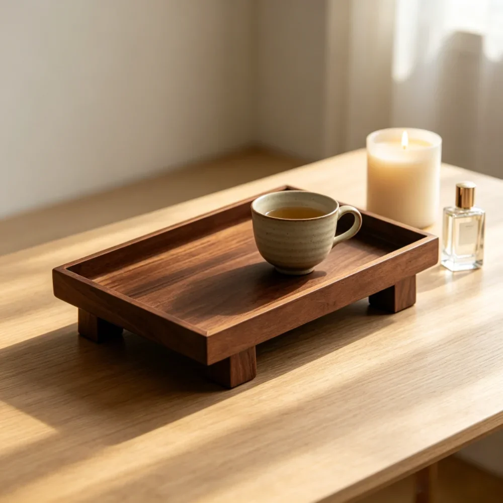 Japanese High Feet Solid Wood Tray, Retro Rectangular Plate for Jewelry Cosmetics Storage, Gongfu Tea Food Serving Tray 4