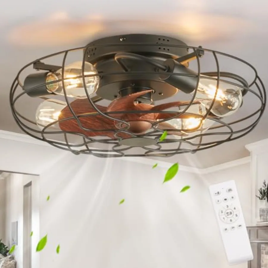 

Small Caged Ceiling Fan with Light, Farmhouse Rustic Flush Mount Ceiling Fans with Lights and Remote, Bladeless Low Profile Enc