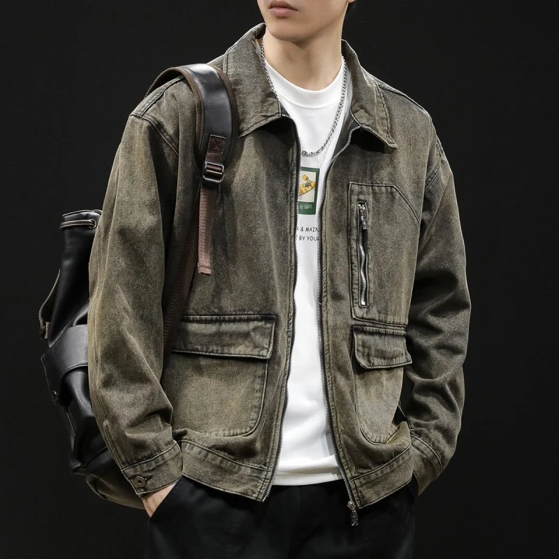 

Ретро-джинсовая куртка в американском стиле для мужчин, свободного кроя, весна-осень, модная брендовая рабочая куртка с множеством карманов, молодежная, стильная, приталенного кроя