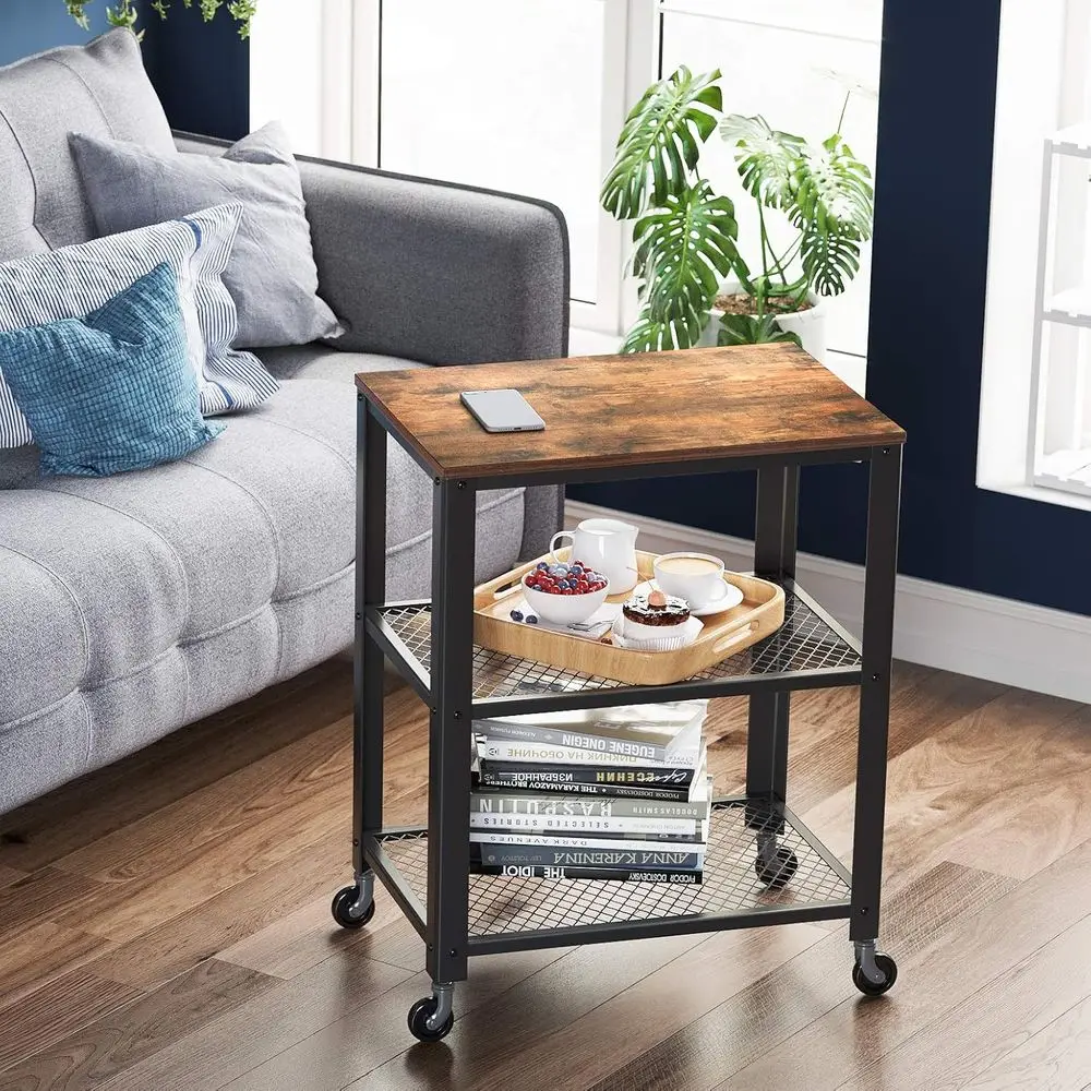 3-Tier Utility Cart with Wheels, Kitchen Storage, Living Room Accent, Steel Frame, Rustic Brown & Ink Black