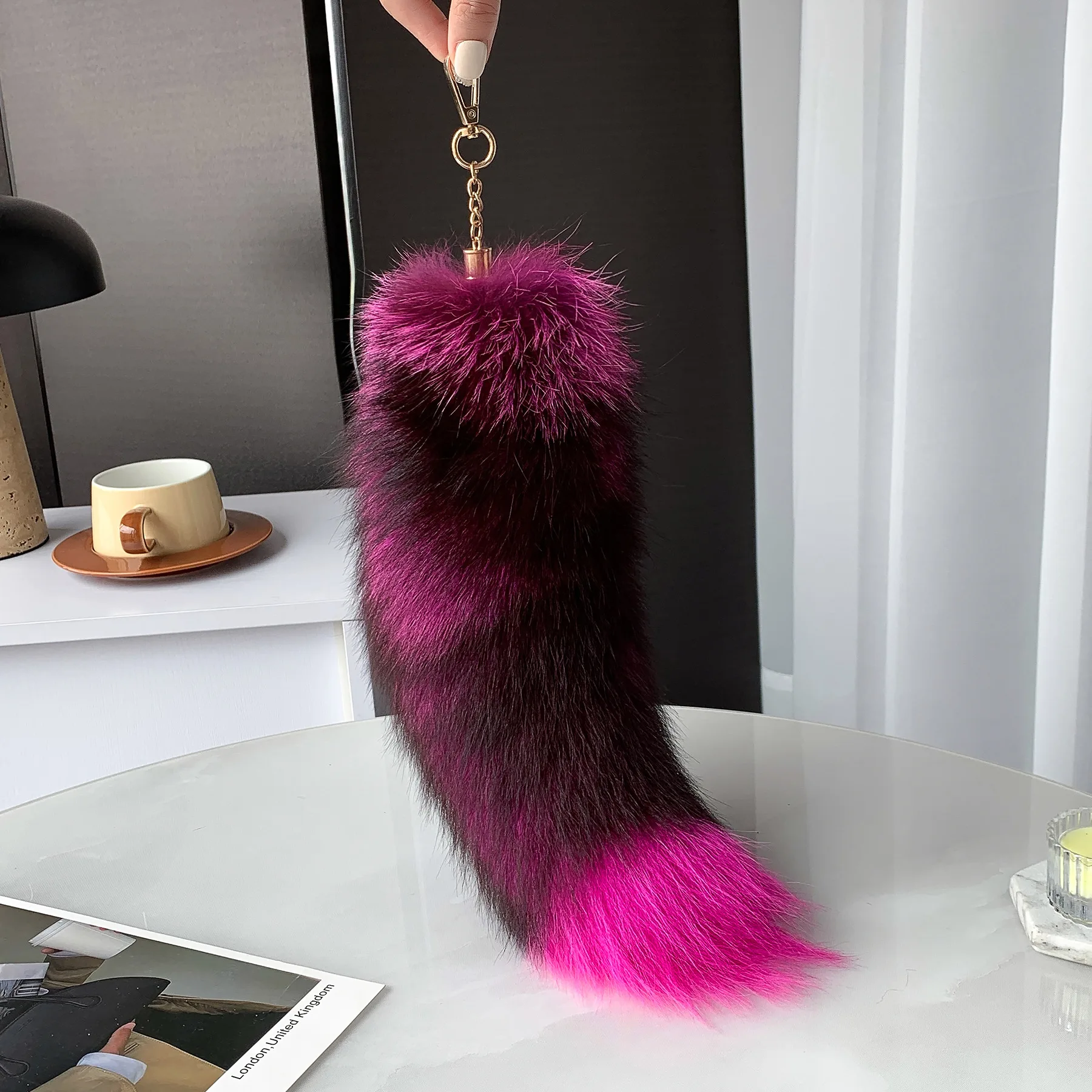 40cm Large Fox Tail Keychain Wolf Tail Fur Tassel Bag Charm Tag Black And Brown Pom Pom Charm Keyring Fluffy Real Fur Key Chain