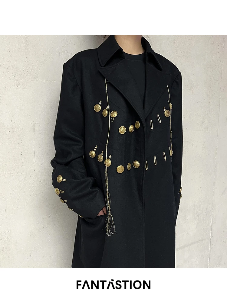 

FANTASTION Original design length Asymmetrical Golden buttons Wool Woolen coat Men's clothing Casual oversized loose suit jacket